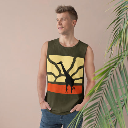 Standing Tall Giraffe-Theme  Unisex White Tank Top w/ Autumn Bar