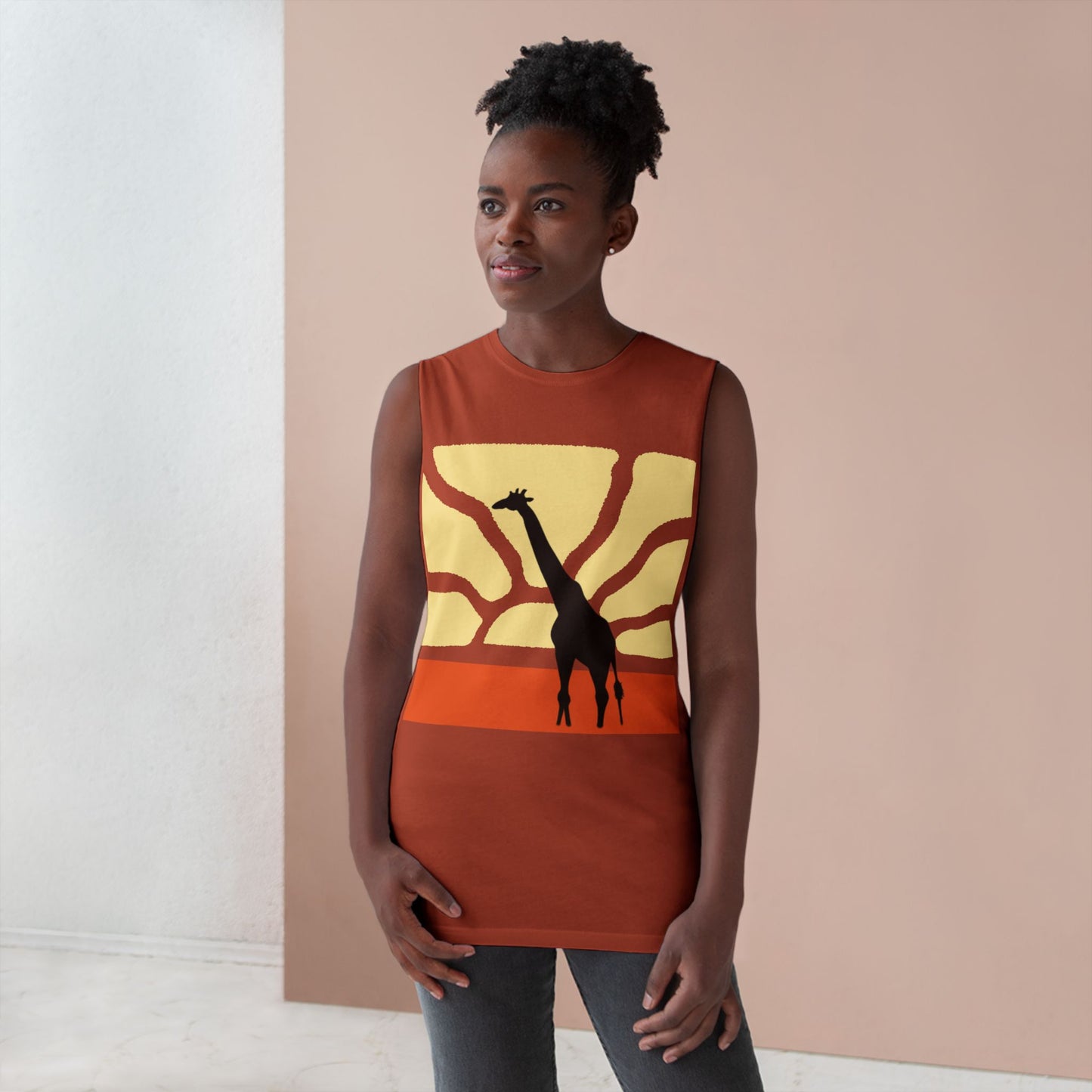 Standing Tall Giraffe-Theme  Unisex White Tank Top w/ Autumn Bar