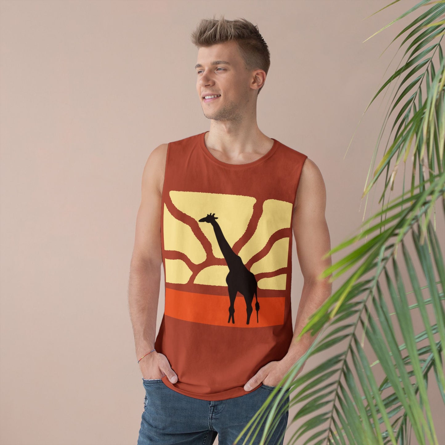 Standing Tall Giraffe-Theme  Unisex White Tank Top w/ Autumn Bar