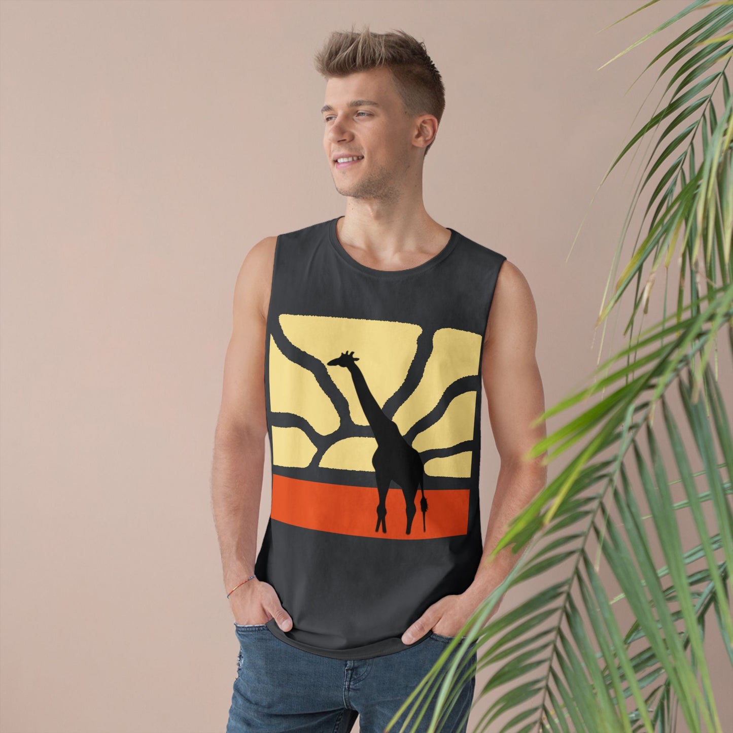 Standing Tall Giraffe-Theme  Unisex White Tank Top w/ Autumn Bar