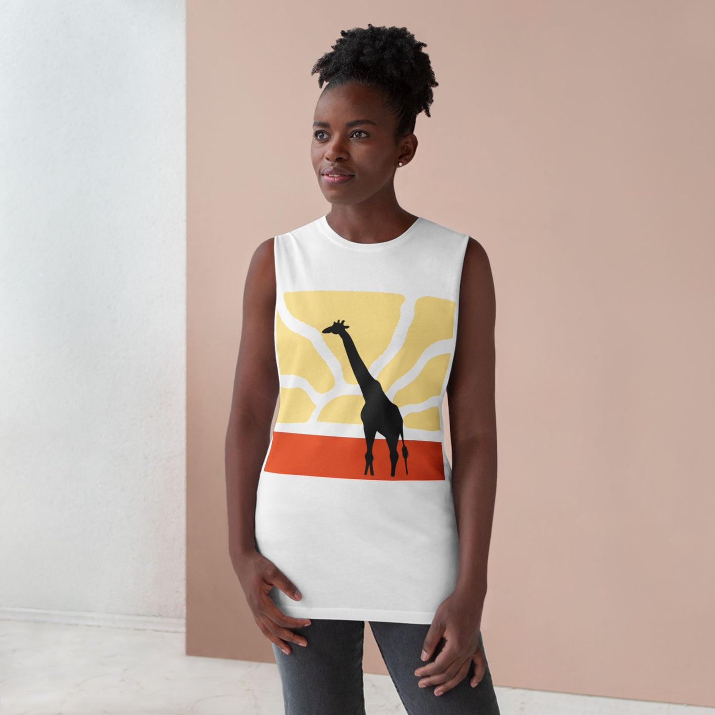 Standing Tall Giraffe-Theme  Unisex White Tank Top w/ Autumn Bar